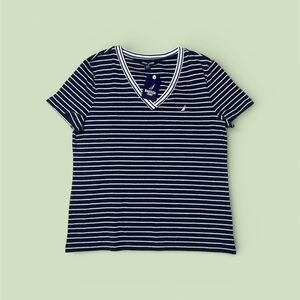 Nautica blue and White Striped V-Neck Tee